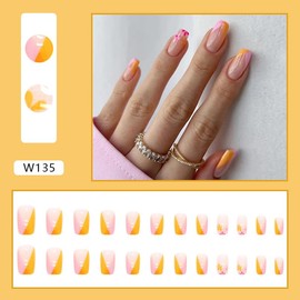 SUREGONAILS Flower Press on Nails Medium Summer Fashion Pink Orange Flower V Shape Designs False Nails Square Flesh Color Fake Nails for Women Acrylic Nails 24 Pcs