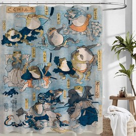 De-Mediocre Samurai Frogs Shower Curtain Sets Vintage Japanese Folklore Bath Curtain, Ninja Frog and Toad Fun Bathroom Decor Art Curtains with 12 Hooks, 72 x 72 Inches