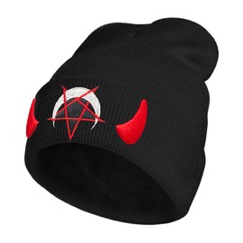Goth Spooky Horror Demon Devil Horned Embroidery Beanie Black Knit Hat for Men Women, Casual Skull Knit Cap