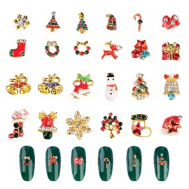 Christmas Nail Parts Set of 24 Cute Nail Parts 3D 3D Nail Metal Parts Snowman Snow Flower Christmas Tree Reindeer Bell Nail Parts Stone Nail Art Jewelry Parts Decoration Parts Charm (A)