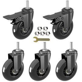 MALLLALA 3" Caster Wheels with 5/16"-18UNC Threaded Stem,2 Castors with Safety Dual Brakes,3 No Brake,Replacement for Hardwood,Carpet,Heavy Duty Swivel PU Wheel,Fit Chair,Furniture,Shelf,Workbench