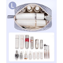 Narwey Cute Makeup Bag Small Toiletry Bag Travel Cosmetic Bag Organizer Make Up Bags with Organized Pockets for Women (Greyish Blue Stripe, Large)