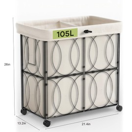 VIPLEO Laundry Hamper with 2 Section, Large 105L Rolling Laundry Basket with Wheels, Metal Heavy Duty Laundry Hamper with Detachable Bags, Dirty Clothes Hamper Organizer for Bedroom, Bathroom(Beige)