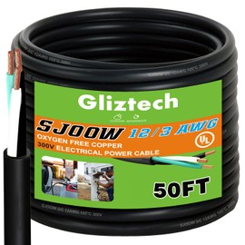 Gliztech 12/3 AWG Portable Power Cable 50 ft, SJOOW 300V 12 Gauge Electric Wire, 3 Conductor Extension Cord, Outdoor Extension Cord for Motors, Generators, Battery Chargers, Mechanic Lights