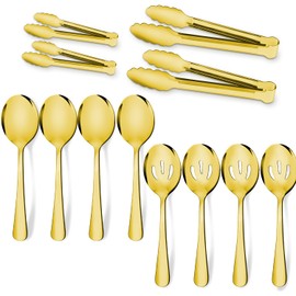 12PCS Gold Stainless Steel Serving Utensils Sets - Large Serving Spoons,Slotted Spoons,Serving Tongs,Appetizer Tongs,Utensills Sets for Buffet Catering Banquet Party (Gold)