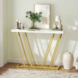 MAHANCRIS Gold Console Table, Modern Entryway Table with Geometric Metal Legs, Faux Marble Narrow Sofa Table, for Living Room, Hallway, Foyer, Gold and Marble White CTJM11101