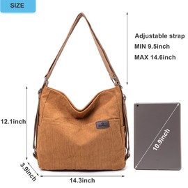 Wytidian Corduroy Tote Backpack Crossbody Bag for Women, Convertible Shoulder Bags Designer Handbag for College, Work (Brown)