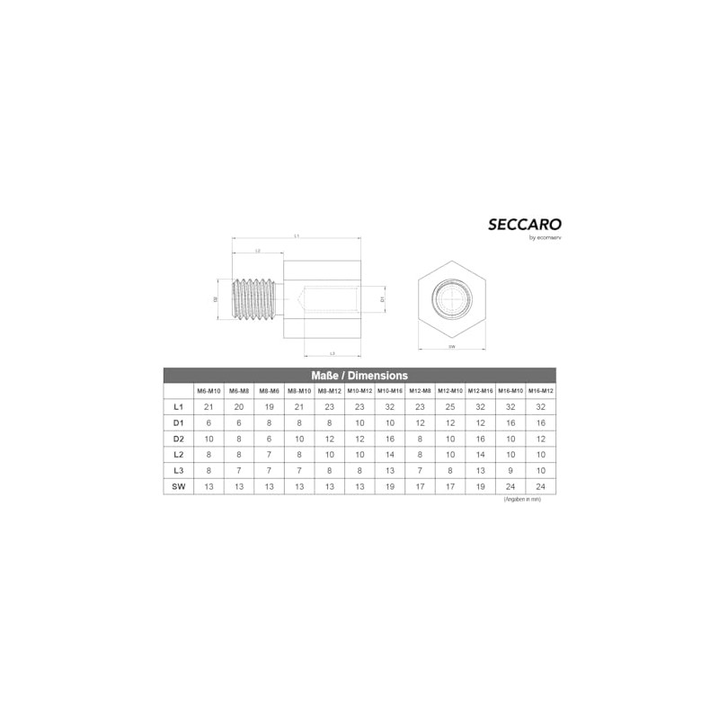 SECCARO 5 x M8 to M10 Stainless Steel V2A VA