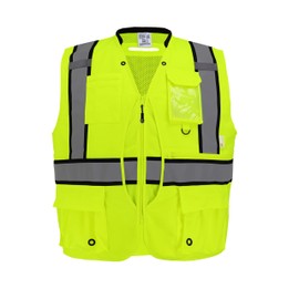 Global Glove FrogWear High-Visibility Kitchen Sink Premium Surveyors Safety Vest, ANSI Class 2 Bright Yellow/Green with Black Trim and Reflective Material, Zipper Closure, 8 Pockets, Large