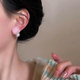 Cimenexe Bohemian Enamel Camellia Pearl Dangle Earrings Pink Camellia Flower Stud Earrings Round Pearl Drop Earrings Pink Resin Rose Earrings Jewelry for Women and Girls Gifts