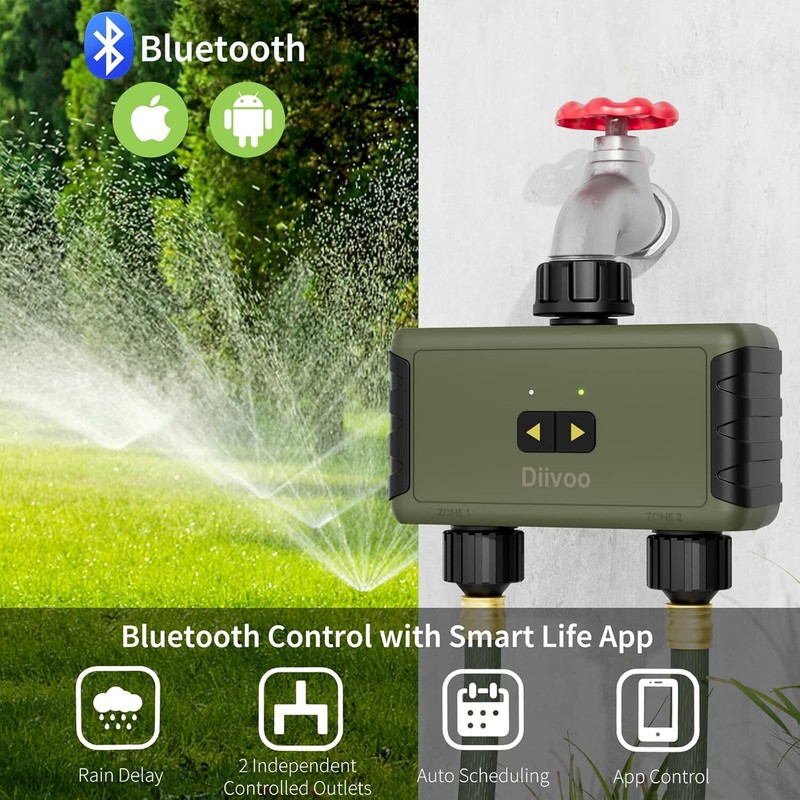 DIIVOO Sprinkler Timer 2Zone Bluetooth Water Timer for Garden Hose