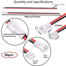 HUAZIZ 30 Pairs JST XH 2.54 mm 2 Pin Male Female Connection Cable 10 cm 30 Pieces Male Plug Cable and 30 Pieces Female Plug with Cable