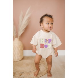 Newborn Baby Girl Boy Easter Outfit Short Sleeve Letter Print Oversized Romper Infant Bunny Onesie Summer Clothes (A-A Beige, 3-6 Months)