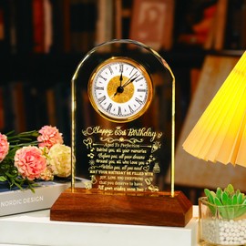 Arikyrist Happy 65th Birthday Crystal Clock Gifts for Women Men 65 Years Old Birthday Present for Parents 65th Quartz Clock Birthday Gifts with Wooden LED Light Base for Couples Her Him