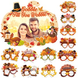 HOWAF Thanksgiving Photo Booth Props Pumpkin Shape Photo Frame with 12Pcs Gobble Paper Glasses, Happy Thanksgiving Decorations Funny Pumpkin Maple Leaf Turkey Photo Props for Harvest Supplies