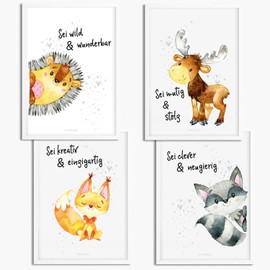 Sunnywall® Set of 4 Hedgehog Fox Squirrel Elk Raccoon Forest Animals Posters Children's Room A4 Pictures Baby Room Children's Poster Without Picture Frame Decoration Girl Boy