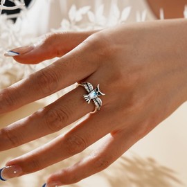 CHIC & ARTSY Night Owl Ring, 925 Sterling Silver Owl Thumb Rings Open Owl Ring Adjustable Ring for Women, Size:, Moonstone