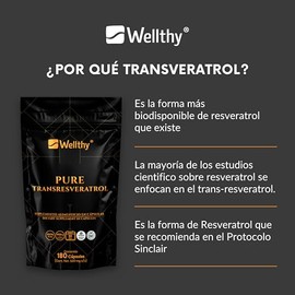 Wellthy Transresveratrol Puro 180 Cápsulas. Resveratrol de alta biodisponibilidad, 1000mg 100% Puro, 100% Natural, VCaps Cápsulas Veganas, Bottle Free