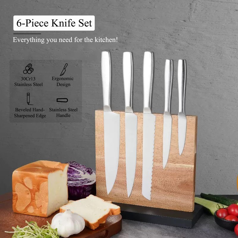 Silver Knife Set with Double Sided Wooden Magnetic Block,6-Piece Stainless
