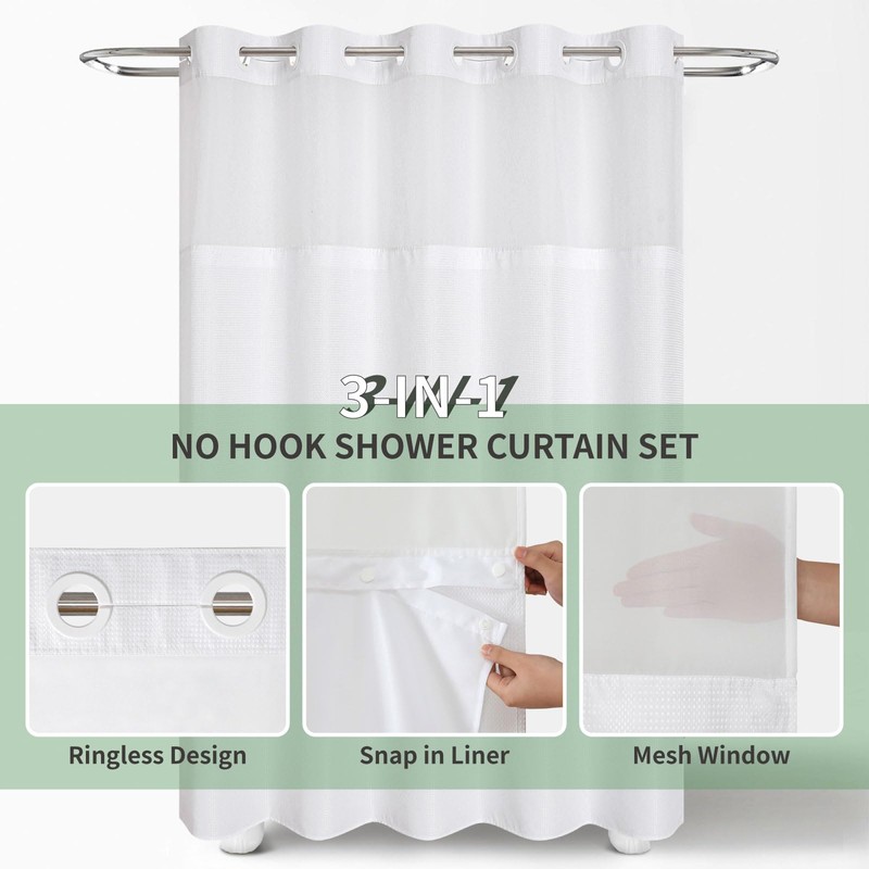 eachope Extra Long No Hook Shower Curtain with Snap-in Fabric