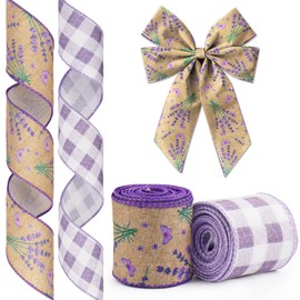 Glodecart 2 Rolls Lavender Ribbons Wired for Wreath Bow Wrapping Gifts, Floral Spring Flower Ribbon for Gift Wrapping Party Decoration DIY Crafts, 2.5" X 10 Yards Purple Plaid Lavender Wired Ribbon