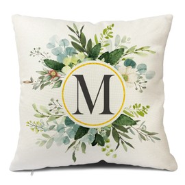 Snylcee Monogram Letter M Throw Pillow Covers Floral 18x18 Inch, Greenery Spring Pillows Decorative Throw Pillows Pillowcase Summer Farmhouse Decor for Couch Sofa, Family Last Name Initial Pillow Case
