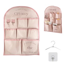 Bed Bag, Bed Shelf, Bedside Table for Hanging, Wall Organiser with 7 Compartments, Small Fresh Style, Large Capacity, Fabric Bag, Ideal for Storing Small Items, 54.5 x 35 cm, Rose Pink