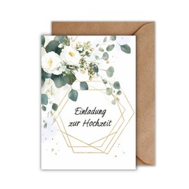 WBdesignz Wedding Invitation Card with Envelope - Invitation Card for Wedding Party Gold Eucaliptus Floral Peonies Gypsophila Wedding Anniversary Couple Love Engagement Wedding Card (DIN A6) Pack of