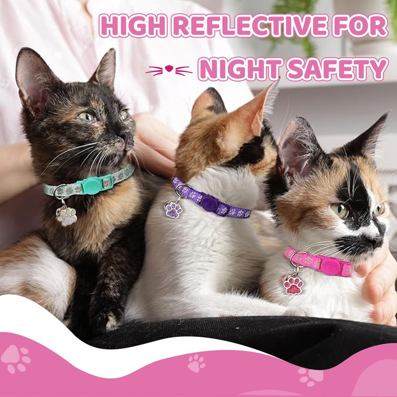 Aribliseza Cat Collar, Set of 4 Reflective, Safety Closure, Bell/Paw