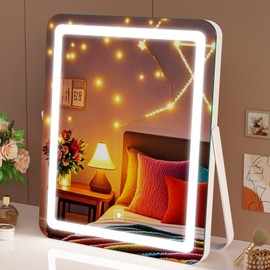 Gvnkvn Vanity Mirror with Lights, 14" Light Up Makeup Mirror, LED Makeup Mirror with Lights for Bedroom Tabletop, Smart Touch Control 3 Colors Dimmable, 360° Rotation White