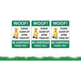 3X Double Sided 12x8 Please Clean Up After Your Pet Sign - Yard Lawn Fun Pet Signs - Collect Dog Poo and Don't Wet Also No Dog Poo for the Yard - Signs to Curb Your Dog with Metal H-Shaped Stakes