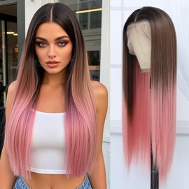 Amarlis 13x6 Synthetic Lace Front Wig - Glueless Ready to Wear 26" Pink Wigs for Black Women, Pre-Plucked Baby Hair Heat-Resistant Ombre Pink Wig for Daily Party