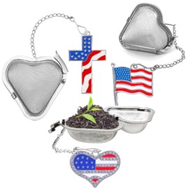 3 Pack Tea infuser for loose tea, Reusable tea leaf steeper, Tea diffuser, Stainless Steel Tea Ball + Flag Charm Pendant, Suitable for brewing tea, coffee, spices (National flag+love+cross,3PCS)