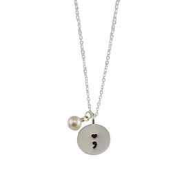 Semicolon Necklace, Fine Silver Disc Charm, Sterling Silver Chain, Pearl, Suicide Awareness, Mental Health, Semi Colon Gift for Women, Sisters Friends, Mental Illness Survivor