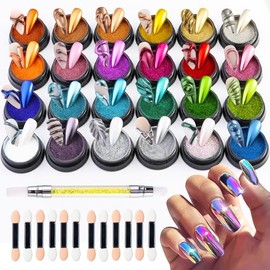 Kit De 24 Colores De Polvo Cromado Para Uñas Con Efecto Espejo, Dorado, Plateado, Rojo, Verde Y Negro, Con Aplicador De Silicona Y Pincel, Polvo De Pu
