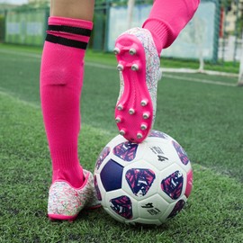 brooman Kids Firm Ground Soccer Cleats Girls Football Cleats with Shin Guards and Soccer Socks (12,White Pink)