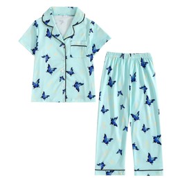Guoegh Girls Pyjamas Sets Short Sleeve Button Down Pjs Summer Silk Satin Breathable Nightwear Kids Soft Lounge wear Sleepwear Butterfly(Green and Blue,11-12 Years)