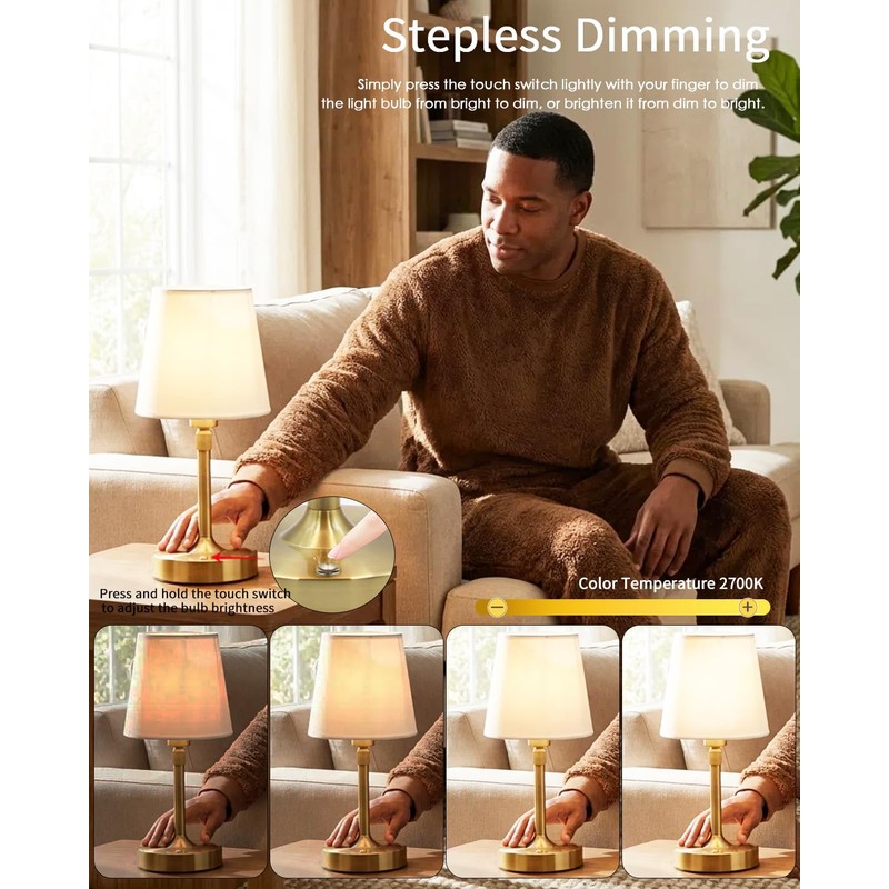 Cordless Table Lamp Rechargeable Touch Gold Mini Small Lamp Adjustable