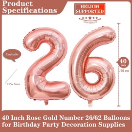 Rose Gold 26 Number Balloons, 40 Inch Giant Number 26 Balloons Foil Mylar Helium Rose Gold Number Balloons for 26th Birthday Party Supplies Anniversary Event Celebration Decorations