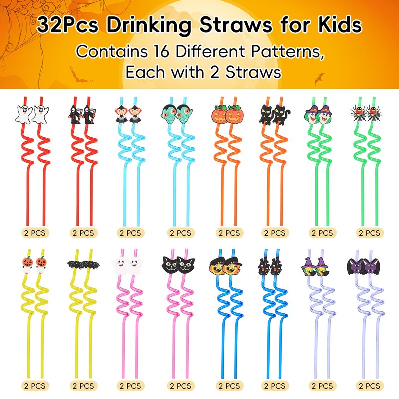 32 PCS Halloween Cartoon Themed Straws,Reusable Plastic Drinks Pumpkin Skull