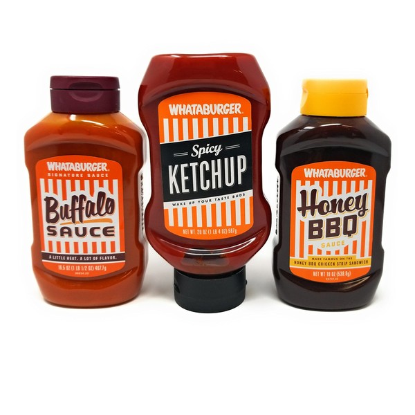 WHATABURGER Sauce Bundle ( 20 oz Spicy Ketchup Bottle , 16.5 Oz Buffalo Sauce, 19 oz Honey BBQ) Signature Whataburger Sauces