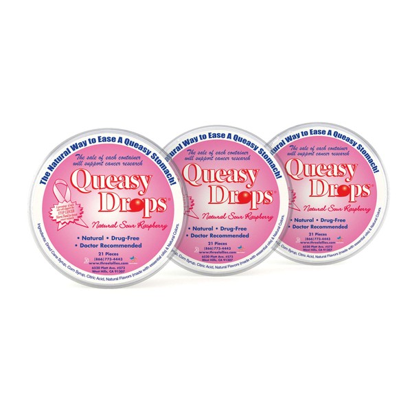 Queasy Drops – Supporting Breast Cancer Awareness | 3 Pack: 21 Drops Each | Nausea (Chemo, Motion Sickness etc.) | Drug Free & Gluten Free | Raspberry Flavor