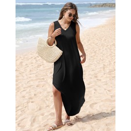 SAMPEEL Dresses for Women 2025 Vacation Casual Maxi Summer Dress V Neck Weddging Guest Sundress L Black