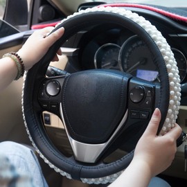 Leather Bling Steering Wheel Cover Women Rhinestone White Soft Comfortable Glitter Sparkly Universal 15 inch Steering Wheel Cover Non-Slip Car Accessories