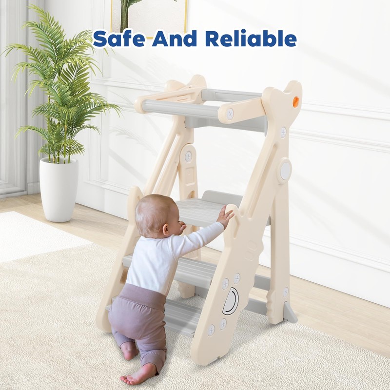 Dollate Foldable Adjustable Toddler Step Stool with Safety Rail, Anti-Slip
