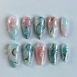 Mkwntg 24Pcs French Tip Press on Nails Medium Almond Fake Nails with 3D Metallic Irregular Line Star Design Green Pink Ombre Full Cover Glue on Nail Gradient Powder Blusher AcrylicNails for Women