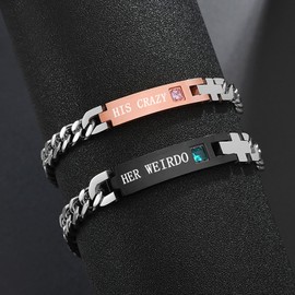 seensea Couples Matching Set 2 Pieces Link Bracelet Titanium Stainless Steel Chain Wrist Cuff for Valentine's Day Gift Jewelry (HER WEIRDO & HIS CRAZY)