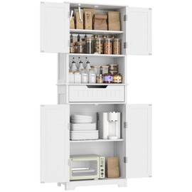 VVFLU Pantry Cabinet, 67 inch Kitchen Pantry Linen Cabinet Freestanding, Kitchen Pantry Storage Cabinet, 1 Drawer, 4 Doors, 2 Shelves, for Kitchen, Living Room, Modern White