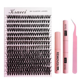 Kraeci Lash Extension Kit DIY with Adhesive Remover for Safe Removal, 280 Clusters 9-16mm, 40D Volumes, Bond Glue, Sealant, Tweezers, Home Use Eyelash Starter Kit