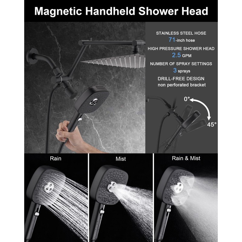 10" Rainfall Shower Head with Handheld Combo, High Pressure Dual